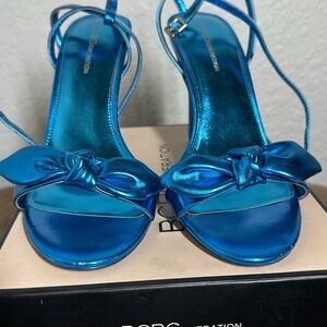 BCBGeneration Metallic Teal Knot-Front Strappy Heels